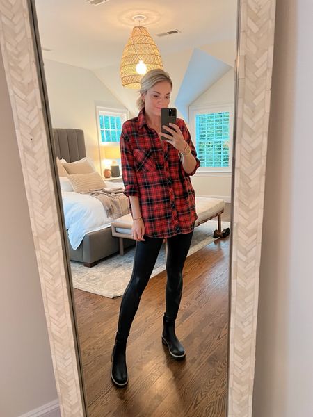 Fall outfit 
•$25 oversized flannel, size XS 
•faux leather leggings, size small, 10% off with code KENDALLXSPANX 
•Chelsea boots under $50, fit tts 

#LTKSeasonal #LTKfindsunder100 #LTKfindsunder50