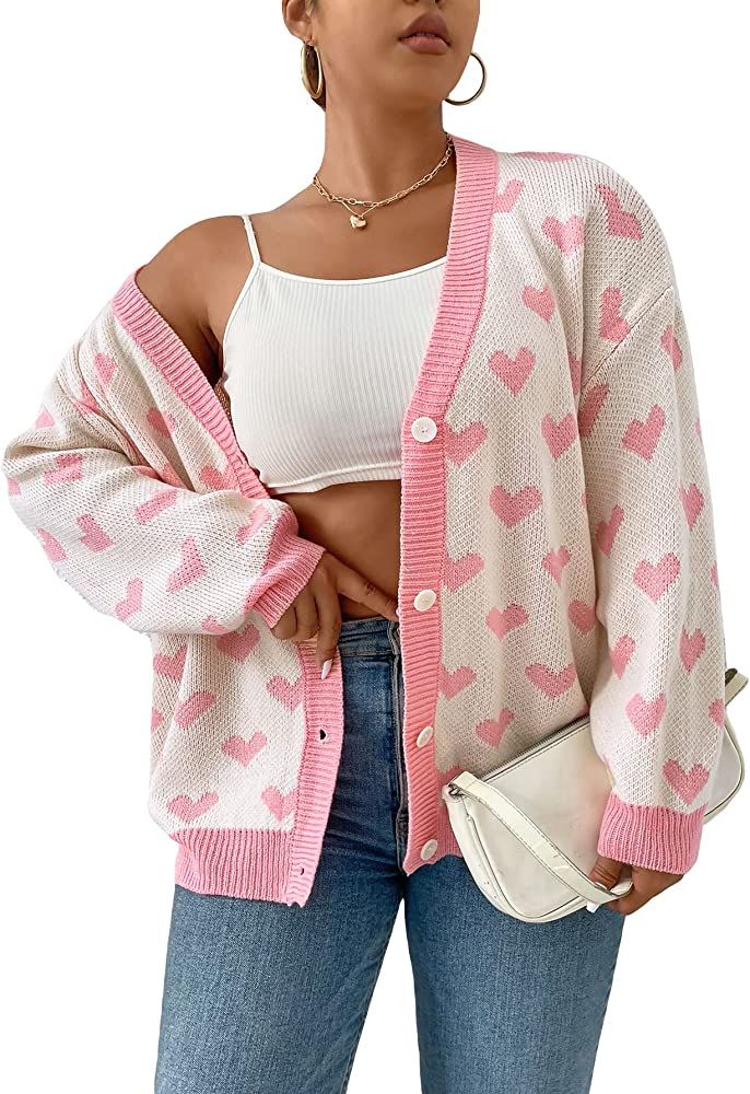 MakeMeChic Women's Plus Size Heart Print Long Sleeve Drop Shoulder Button Front Cute Cardigan Swe... | Amazon (US)