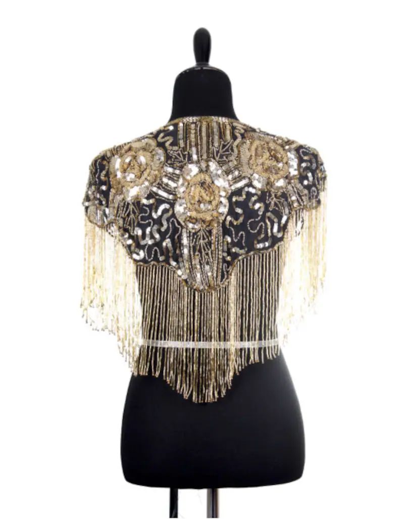 GOLD/BLACK Sequin Glass Rose Beaded & Sequin Lace Collar Shoulder Shrug Shawl Applique Wrap Brida... | Etsy (US)