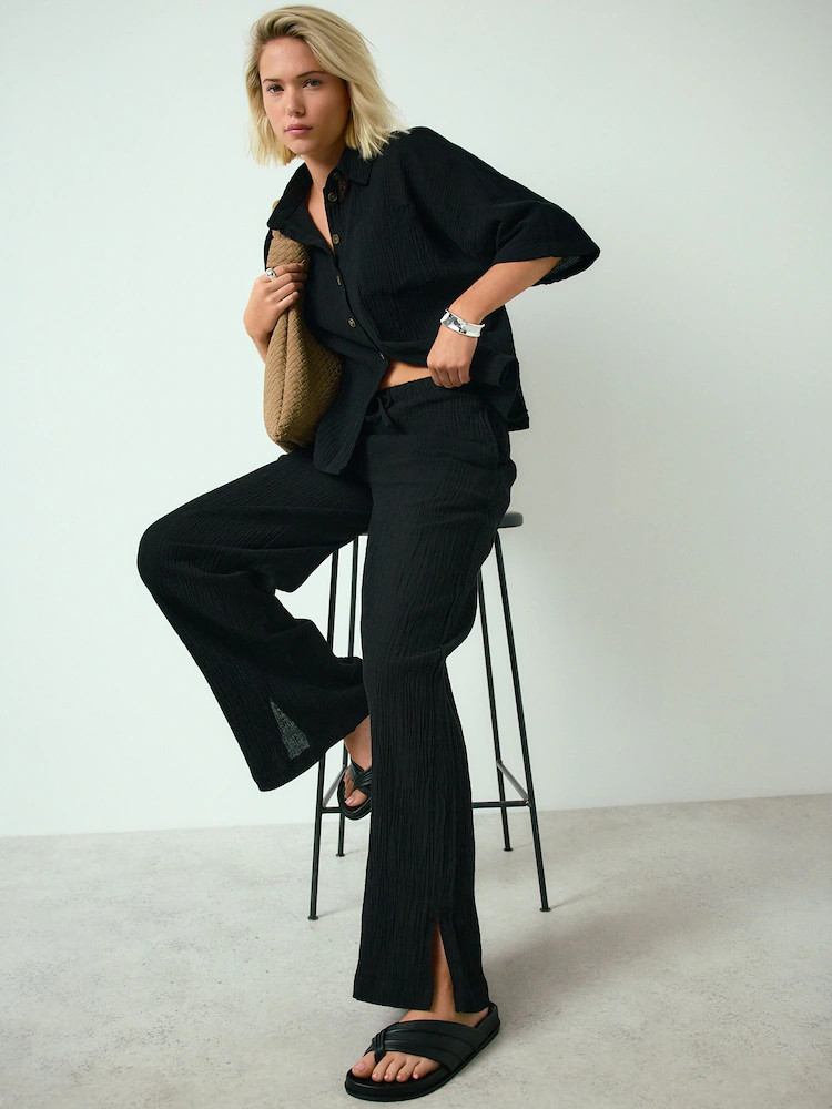 Black Textured Short Sleeve Shirt with Linen | Next US