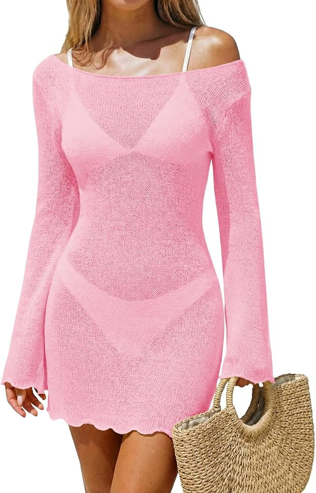 Saodimallsu Womens Swimsuit Cover Up Long Sleeve Sheer Mesh Knit Mini Dress Backless Tie Summer B... | Amazon (US)