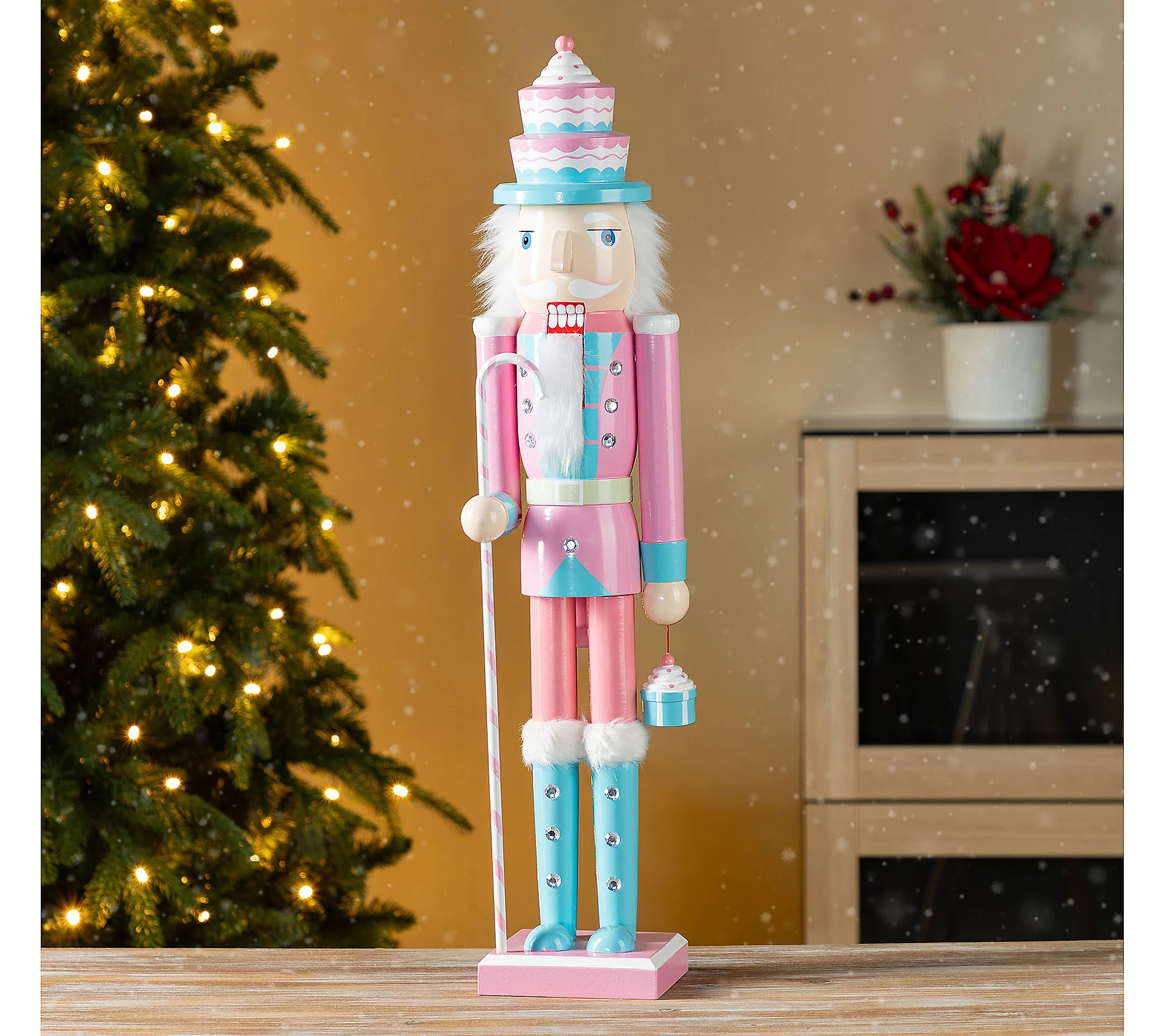 Glitzhome 24""H Wooden Christmas Pink Cake Nutcr acker | QVC
