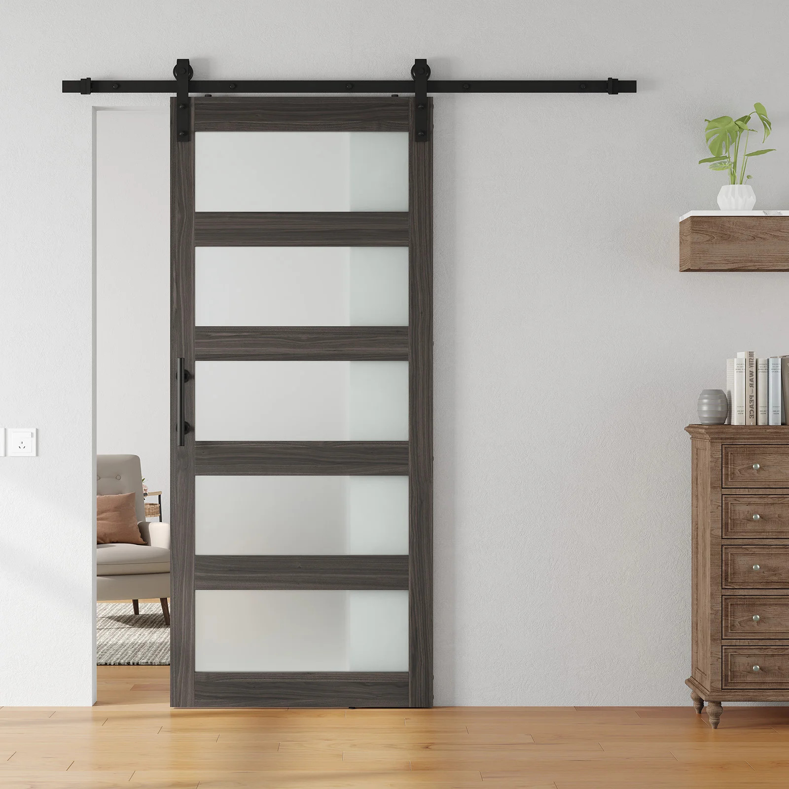84" Frosted Glass and Manufactured Paneled Wood Barn Door with Installation Hardware Kit | Wayfair North America