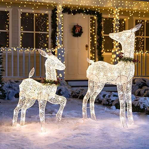 Joiedomi 2 Packs 3D Christmas White Fabric 4ft Doe, 3ft Fawn 130 LED Warm White Yard Lights for C... | Amazon (US)