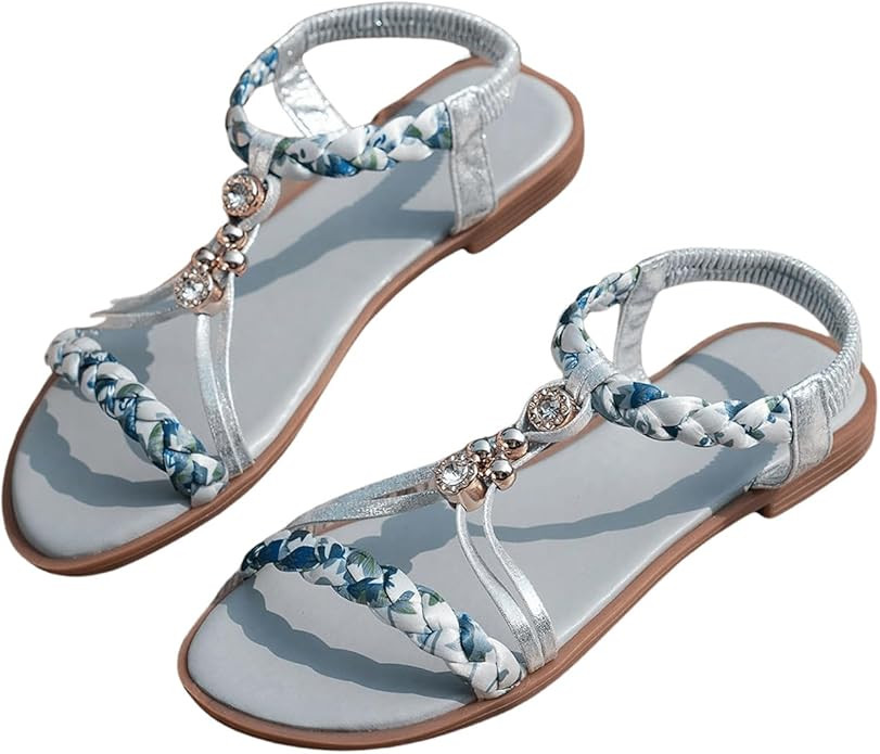 GORGLITTER Women's Floral Braided Bead Sandals Open Toe Ankle Strap Boho Flat Sandals Summer Tren... | Amazon (US)