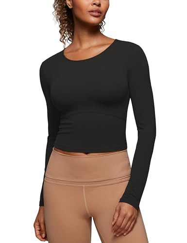 CRZ YOGA Butterluxe Scoop Neck Long Sleeve Shirts for Women - Workout Athletic Casual Tops Crop Slim Basic Tight Shirt Black Medium | Amazon (US)