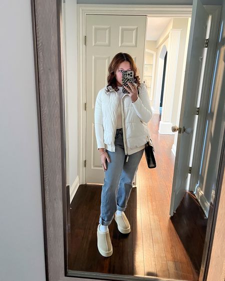 Easy winter ootd: love these basic compression tops from express! And these gray jeans are very comfortable/supportive for a mom belly. 

Winter outfit. Winter outfit idea. Levi jeans. Amazon finds. Slipper boots. Winter style. Puffer vest outfit. Platform slippers. 

#LTKfindsunder100 #LTKstyletip