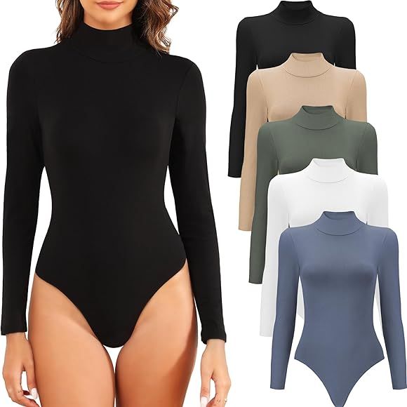 MLYENX 4/5 Pack Long Sleeve Bodysuit for Women Mock Turtleneck Casual Basic Stretchy Body Suits T... | Amazon (US)