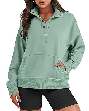 ANRABESS Women's Casual Long Sleeve Sweatshirt Button Up V Neck Loose Henley Pullover Tops with P... | Amazon (US)