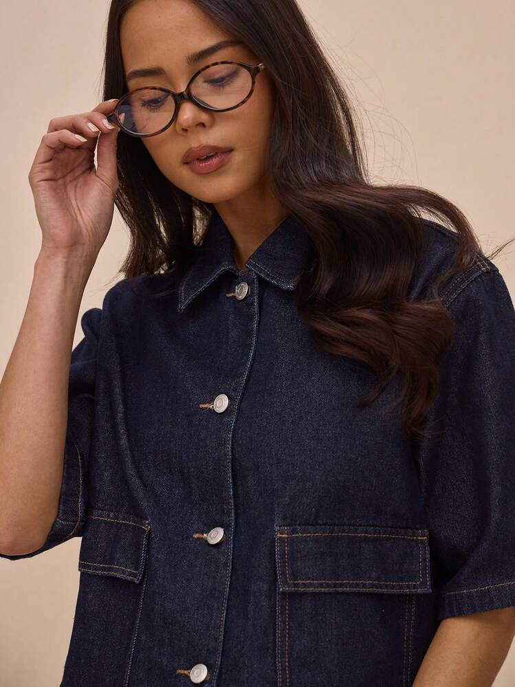 MUSERA Boxy Fit Collared Button Through Mid Sleeve Denim Top Only Summer Casual Cute Vacation The... | SHEIN