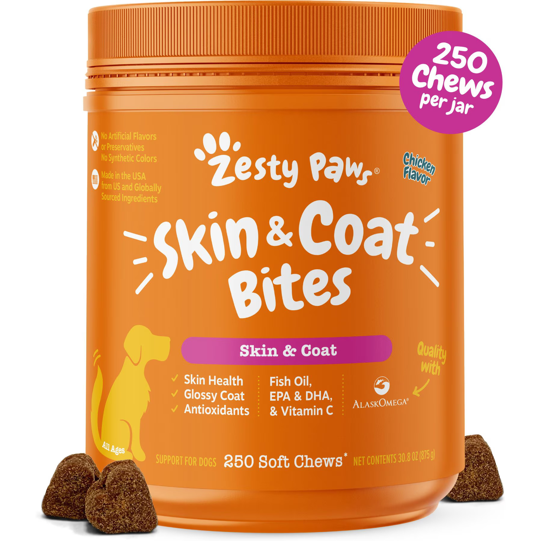 Zesty Paws Skin & Coat Bites Chicken Flavored Soft Chews Omega 3 Fish Oil Supplement for Dogs, 250 count | Chewy
