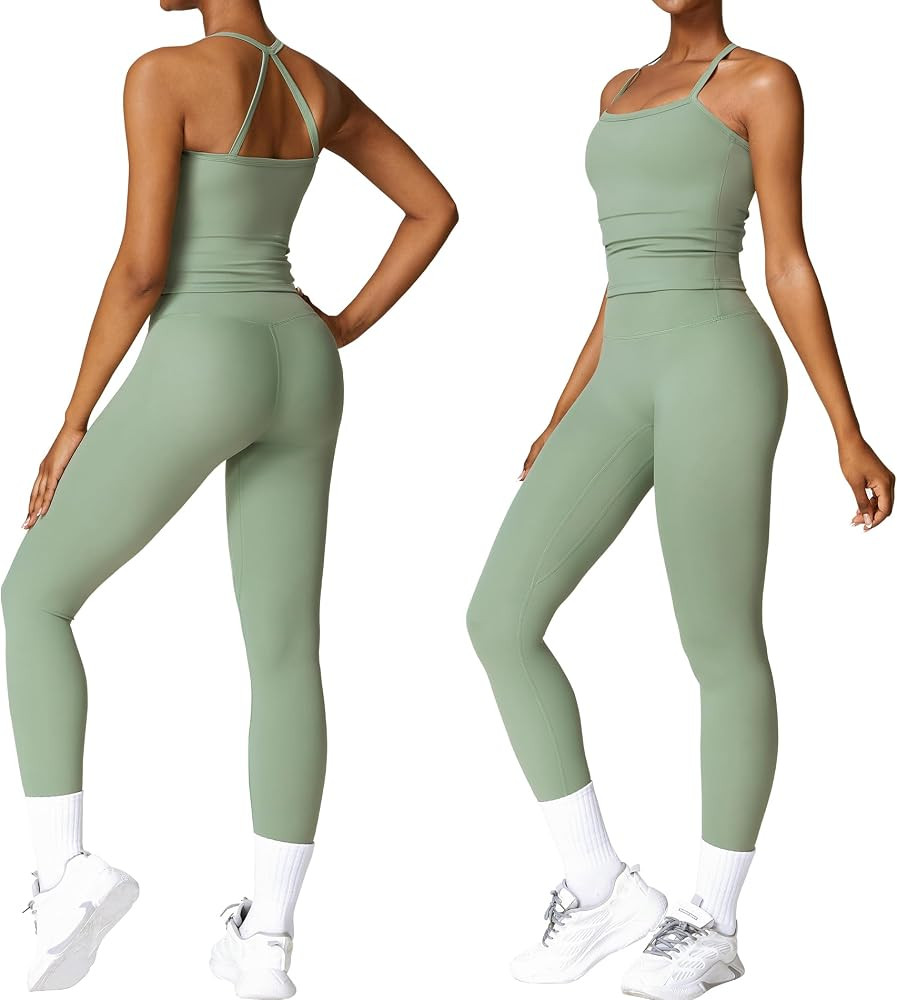 Women 2 Piece Workout Sets (NEW) Yoga Outfit Open Back Tank Top High Waisted Leggings Gym Sets Tr... | Amazon (US)