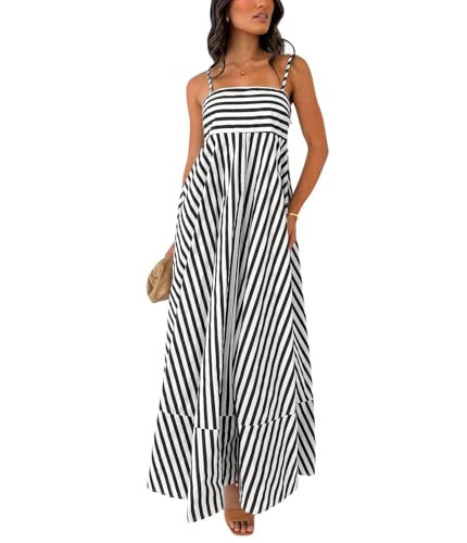 chouyatou Women's Striped Back Smocked Maxi Dress Sexy Spaghetti Strap Ruffle Hem Bohemian Flowy Swing Long Dress (X-Large, Black) | Amazon (US)