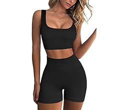 QINSEN Workout Sets for Women 2 Piece Seamless Ribbed Crop Tank High Waist Shorts Yoga Outfits | Amazon (US)