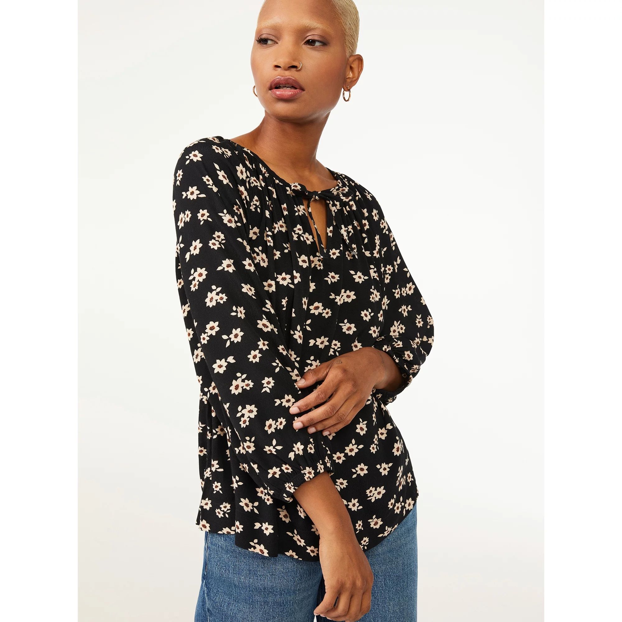 Free Assembly Women's Tie Neck Swing Top with Long Sleeves | Walmart (US)