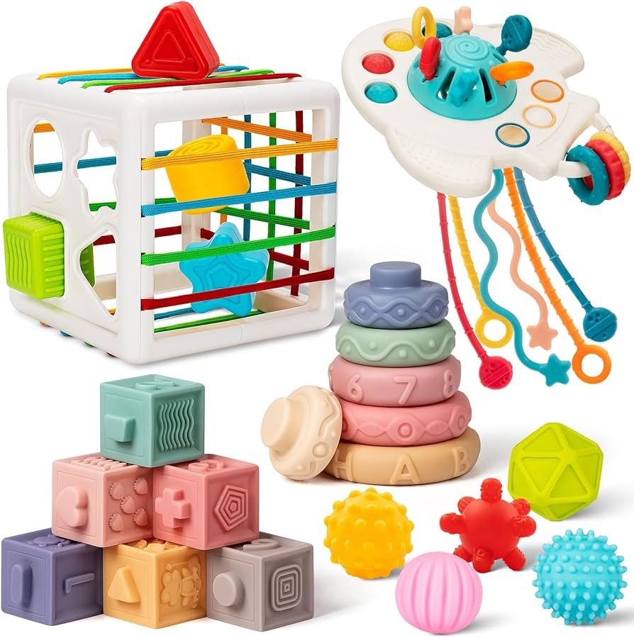Baby Toys 6 to 12 Months, 5 In 1 Montessori Toys for 1 Year Old, Incl Travel Pull String Toy & Sh... | Amazon (US)