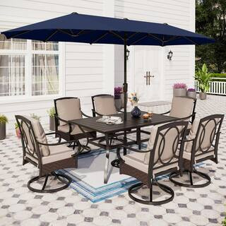 8-Piece Black Metal Outdoor Dining Set with Beige Cushions and Navy Umbrella | The Home Depot