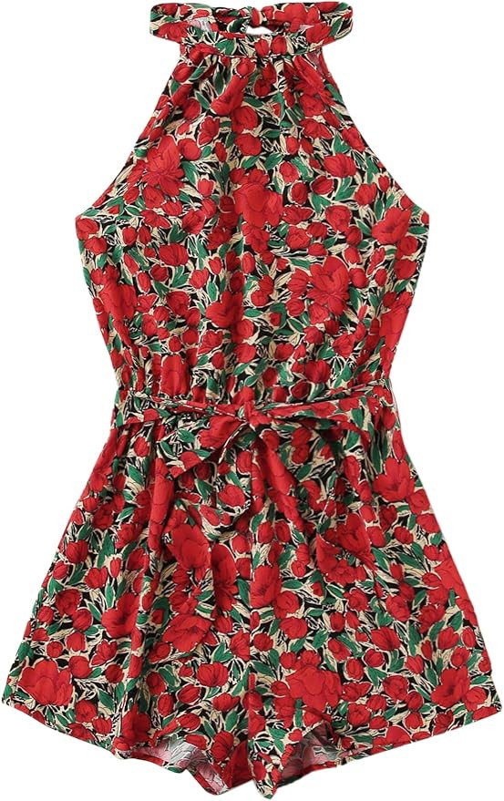 MakeMeChic Women's Sleeveless Floral Print Cut Out Back Belt Front High Waist Romper | Amazon (US)