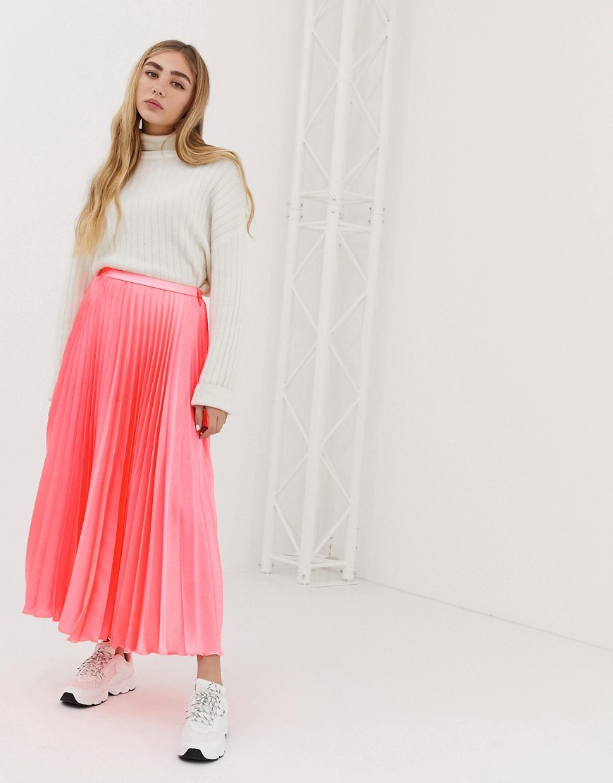 ASOS DESIGN pleated midi skirt in neon satin - Pink | ASOS US