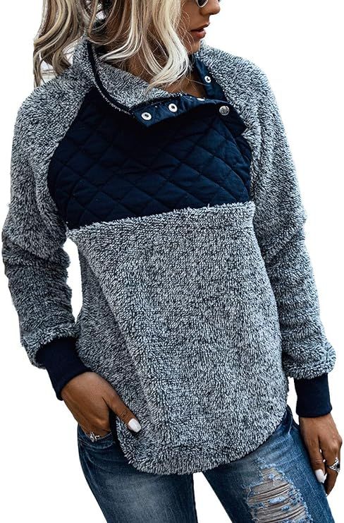 Famulily Women's Long Sleeve Asymmetrical Snap Neck Fleece Pullover Tops Sweater | Amazon (US)