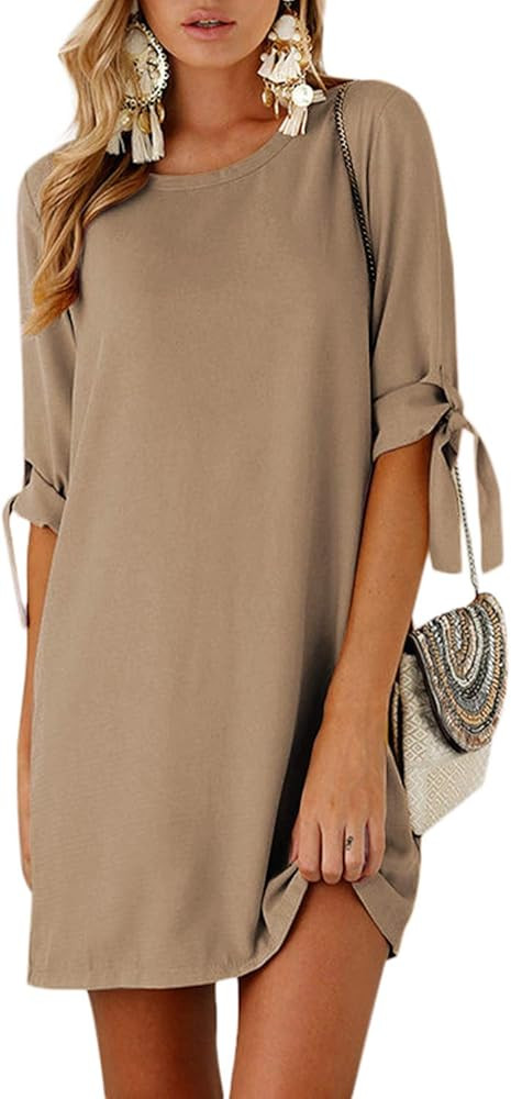 YOINS Summer Dresses for Women Floral Print Half Sleeves T Shirts Solid Crew Neck Tunics Self-tie Bl | Amazon (US)