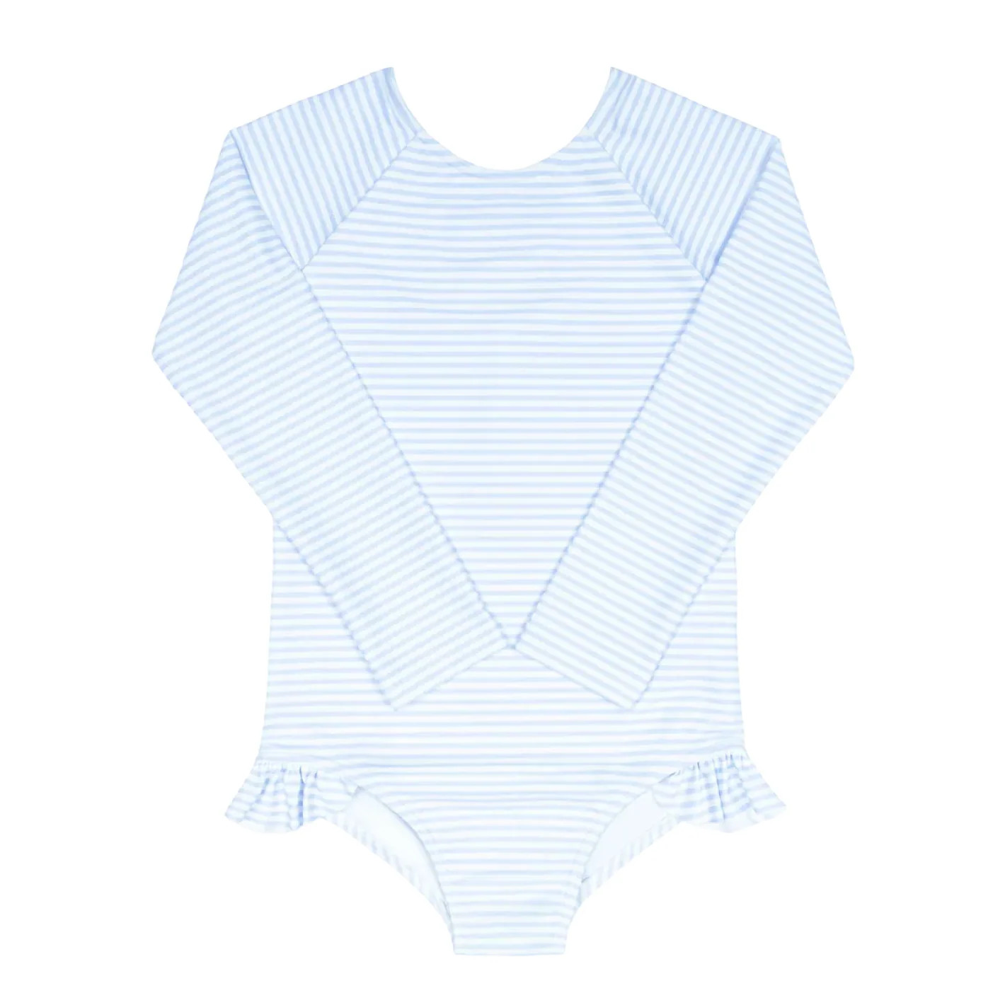 girls powder blue stripe rashguard one piece | minnow swim | Minnow