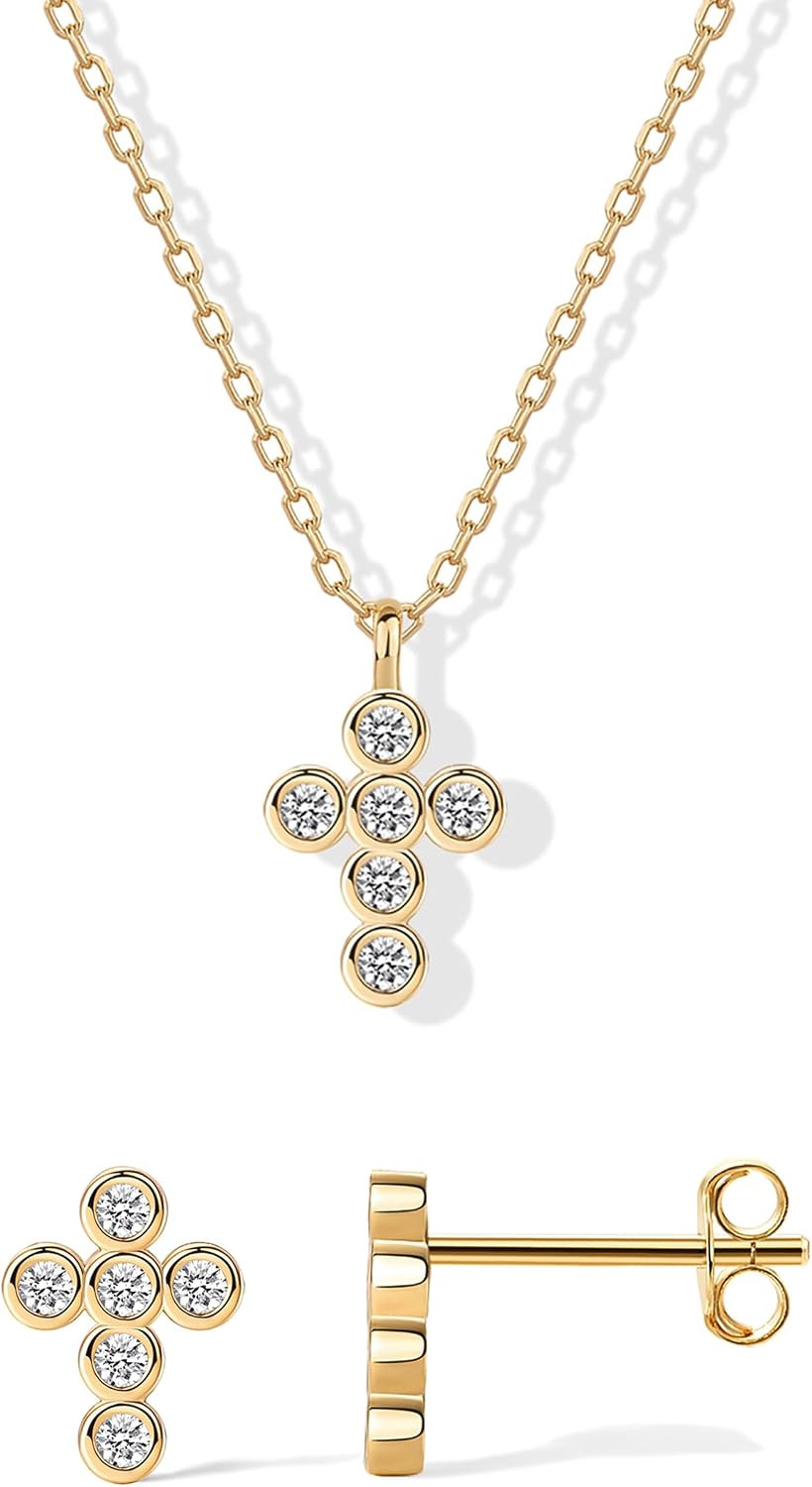 PAVOI 14K Gold Plated Cross Necklace & Earring Set for Women, Jewelry Pack | Amazon (US)