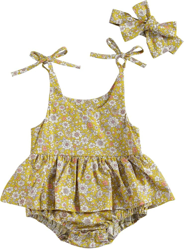 Baby Girls Daisy Playsuits Bodysuit+Headband Print Halter Romper Floral Jumpsuit Infant Summer Cl... | Amazon (US)