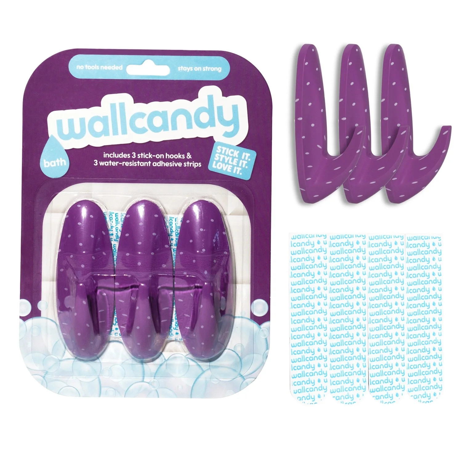 WallCandy Bath Purple Polka Dot Stick-On Wall Hooks with 3M Command Strips, 3 pack | Walmart (US)