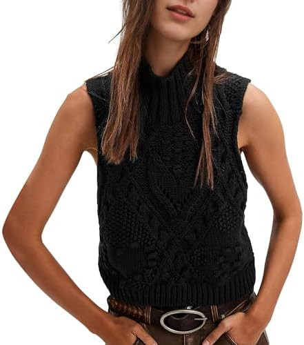 Hixiaohe Turtleneck Crochet Sweater Vest Fall Fashion Knit Sleeveless Tank Tops for Women Lightwe... | Amazon (US)