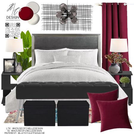 Burgundy and Gray Modern Bedroom Decor | bedroom home decor | bedroom moodboard | bedroom concept board | bed, nightstand, bed bench, rug, side tables, side chair, nightstand lamps, table lamps, chandelier, ceiling fan, ceiling light, floor lamp, faux plants, vases, mirror, artwork, pillows, bedding, curtains, window treatments, candle holders, modern home, modern home decor, glam home. #moodboard

#LTKhome #LTKsalealert