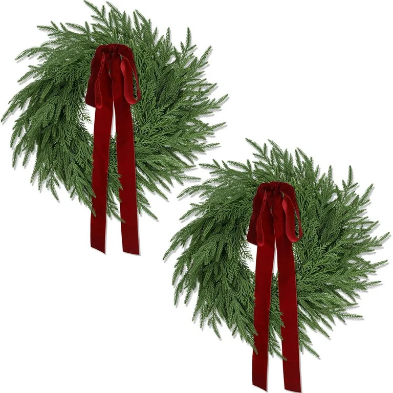 2 Pack Christmas Wreath for Front Door, Artificial Pine Cedar Holiday Wreath with Red Bow, Winter... | Walmart (US)