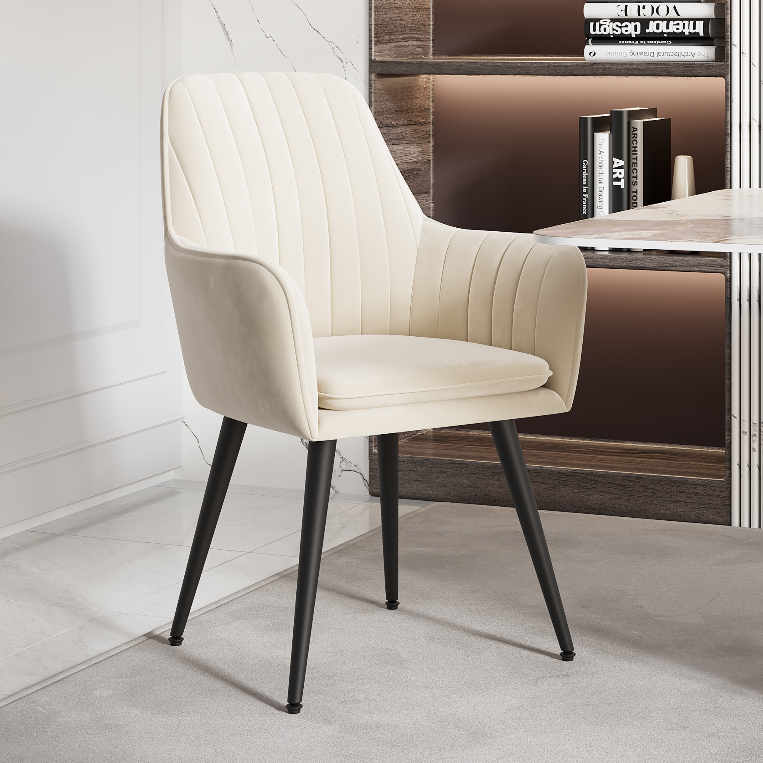 Set of 4 Modern Dining Chair Velvet Upholstered Beige Dining Chairs With Arms | Homary
