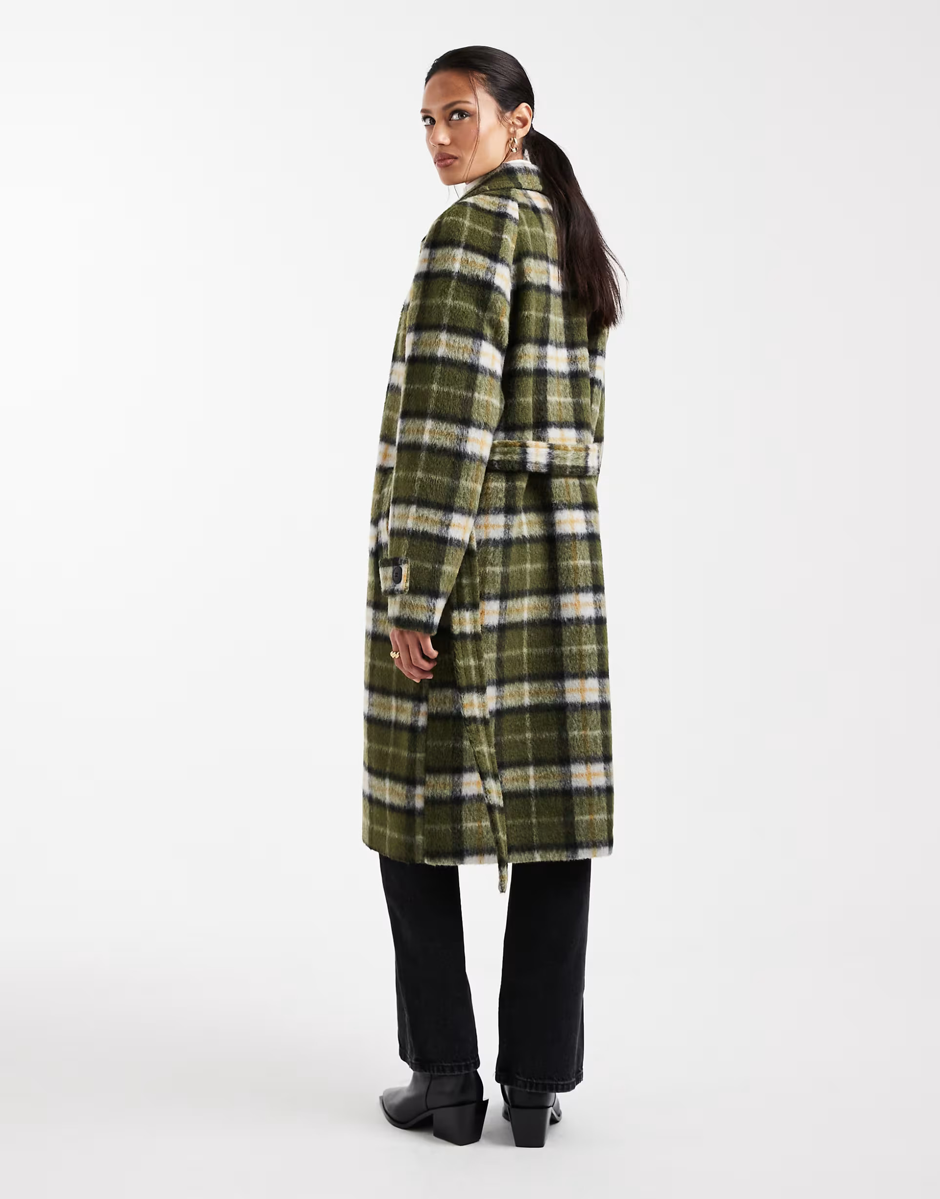 Vero Moda brushed formal belted coat in khaki-green plaid print | ASOS (Global)