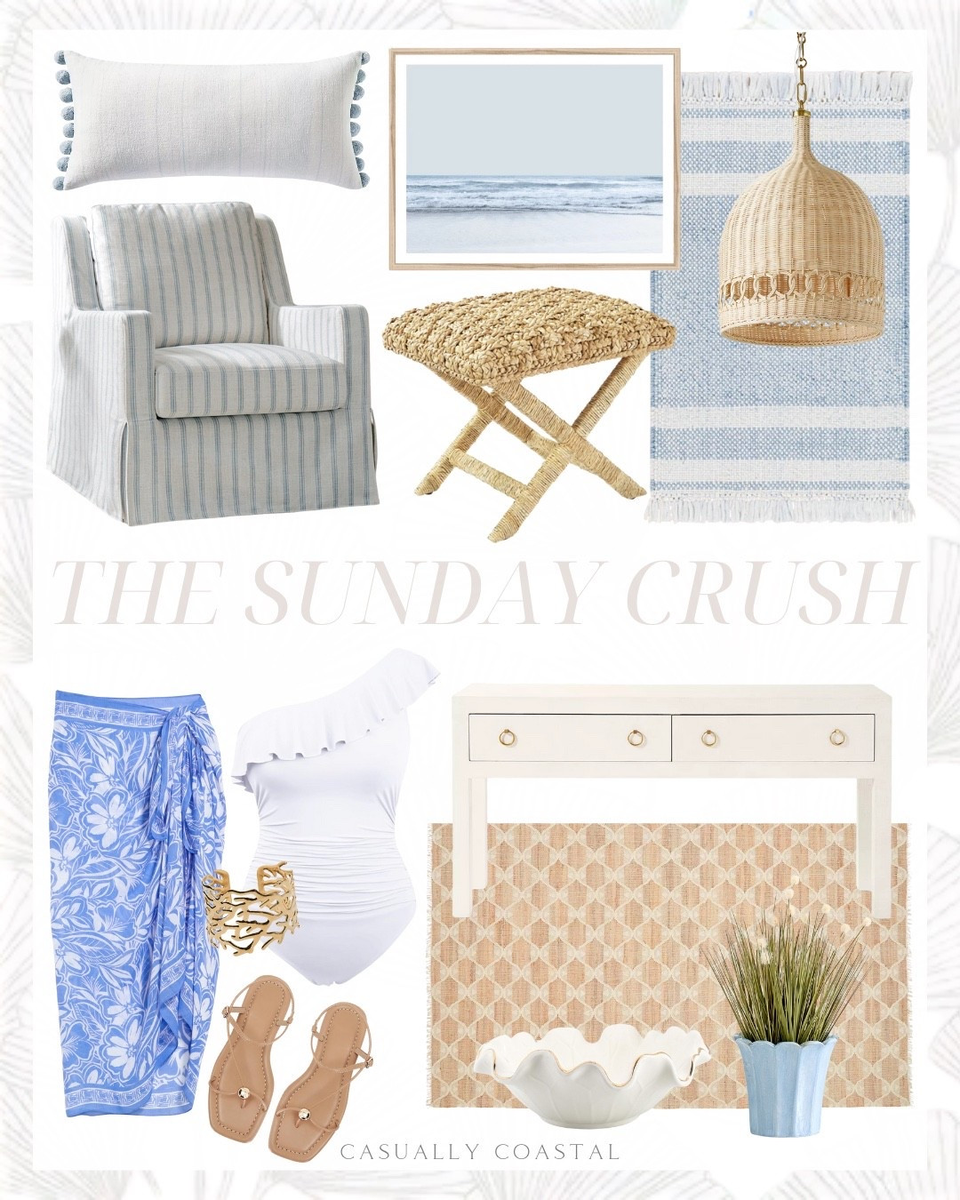 The Sunday Crush! 

Coastal decor, coastal home, coastal pillow cover, blue and white pillow cover, wayfair rocking chair, slipcovered swivel rocking chair, striped chair, X-base stool, beach print, coastal wall art, coastal artwork, wayfair rug, indoor outdoor rug, striped rug, blue and white rug, bell pendant, sarong, white one piece swimsuit, wife chunky gold cuff bracelet, strapping flat sandals, neutral rug, Serena & lily rug, 3x5 rug, 5x7 rug, 6x9 rug, 8x10 rug, 9x13 rug, 11x14 rug, 2 drawer console, faux potted dandelion grass, ceramic ruffle bowl 

#LTKFindsUnder50 #LTKHome #LTKFindsUnder100