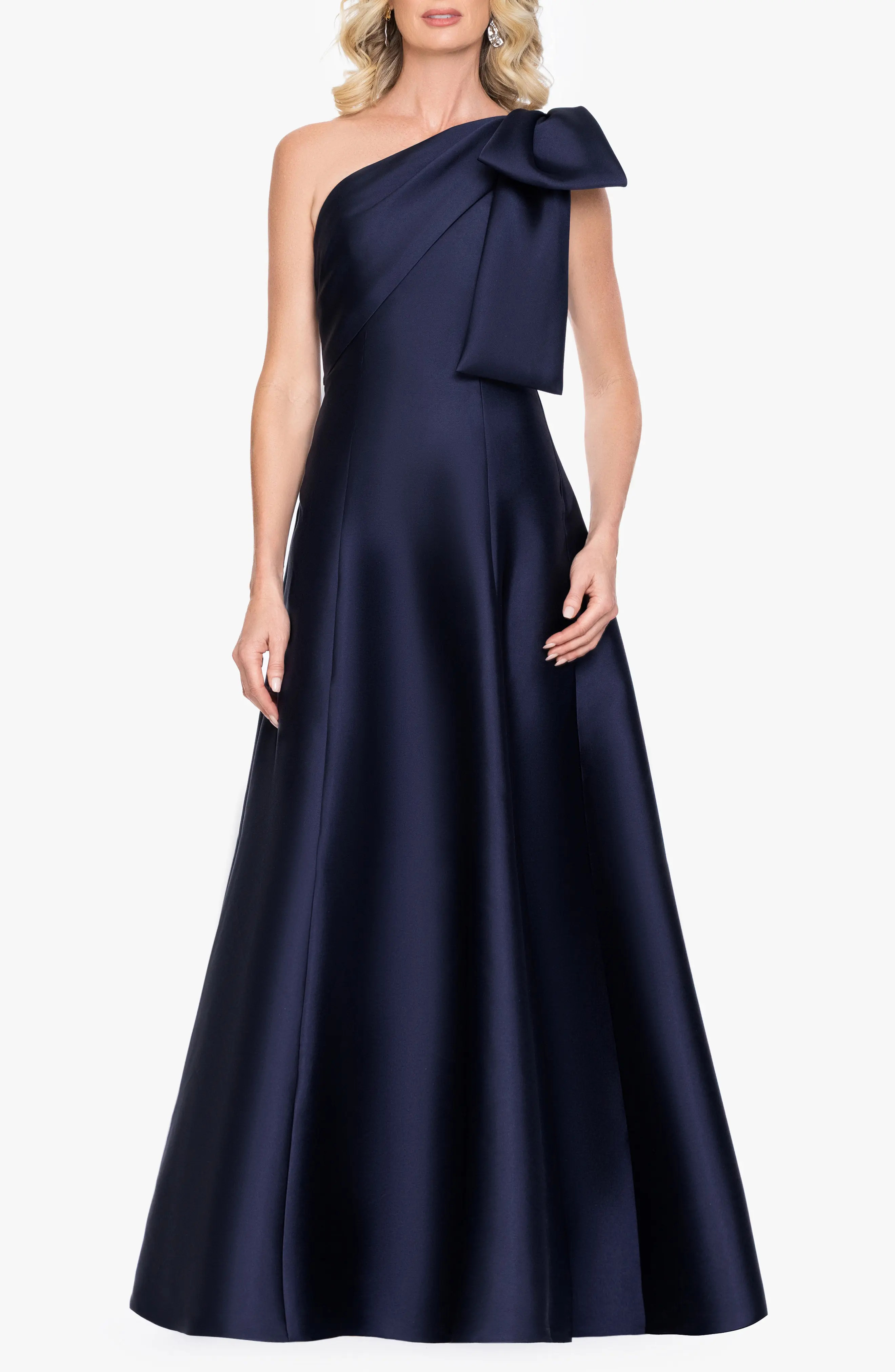 Betsy & Adam Bow Detail One-Shoulder Mikado Fit & Flare Gown (Women) | Nordstrom | Nordstrom