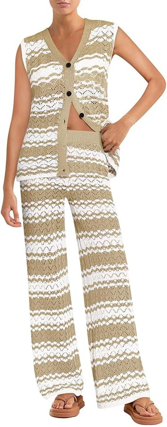 Imily Bela Womens 2 Piece Cover up Crochet Sets Striped Sleeveless Vest Tops Wide Leg Pants Summe... | Amazon (US)