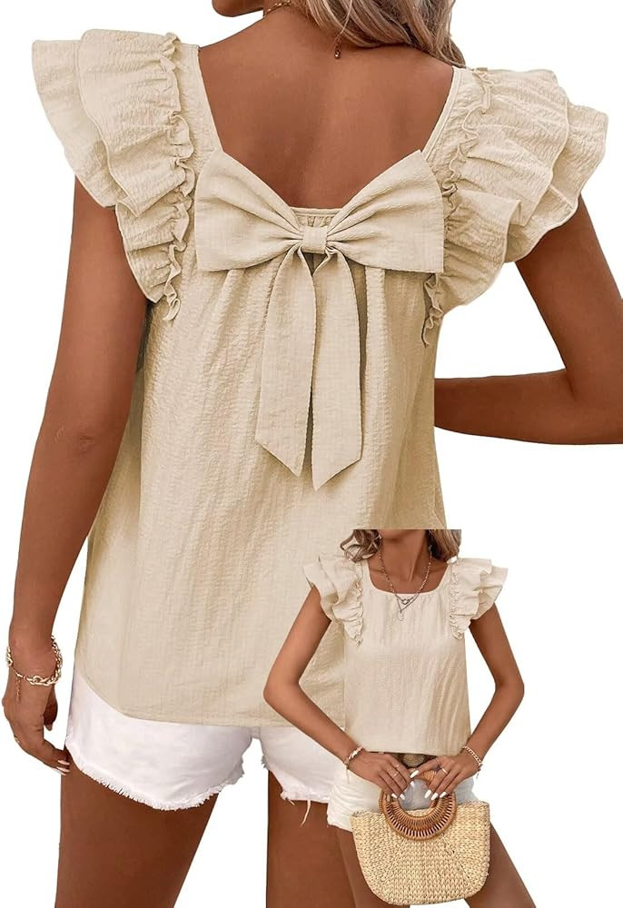 Womens Bow Tie Back Tops Round Neck Ruffle Short Sleeve Shirts Cute Babydoll Chiffon Tee Women Su... | Amazon (US)
