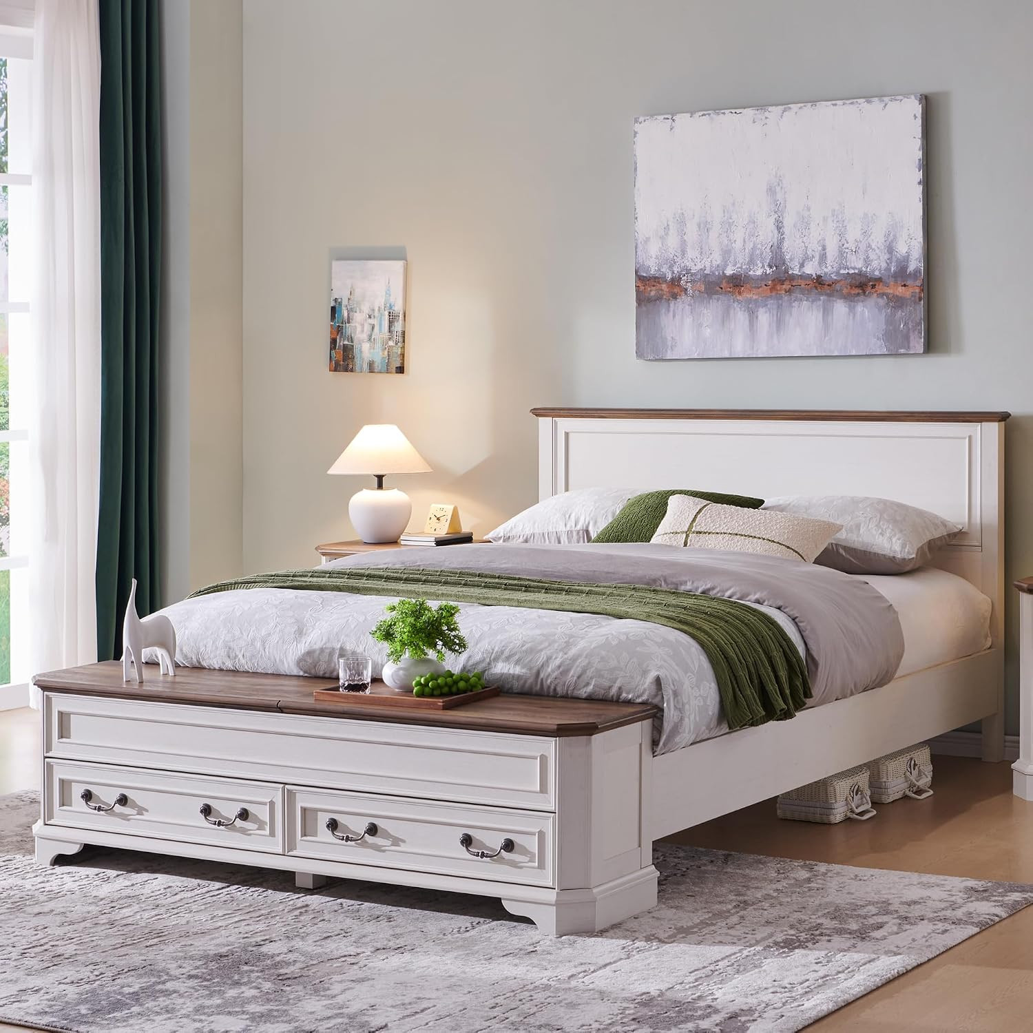 T4TREAM Farmhouse Queen Bed with Headboard and Storage Bench(Antique White) | Amazon (US)