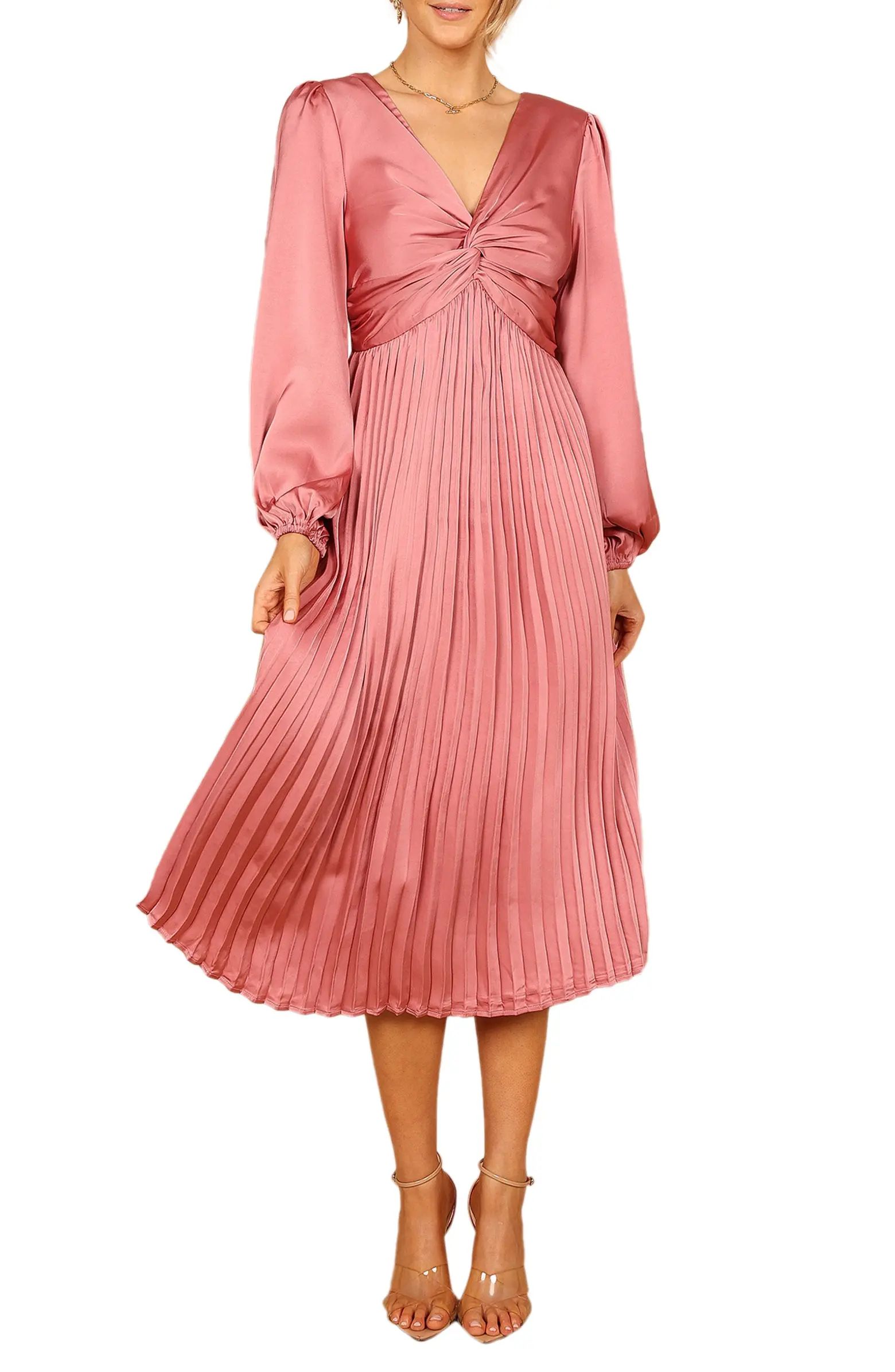 Noelle Long Sleeve Pleated Satin Midi Dress | Nordstrom