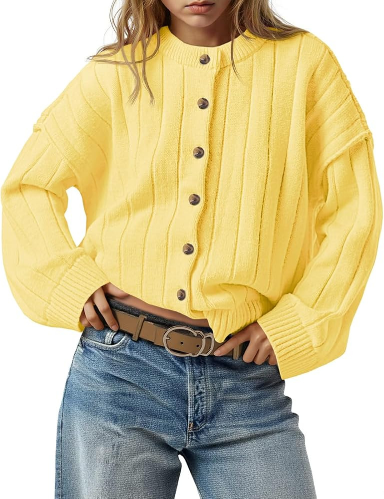 Saodimallsu Womens Open Front Cardigan Sweaters Button Down Knit Long Sleeve Crewneck Casual Loos... | Amazon (US)