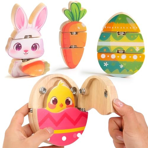 HUZU Easter Snap Builders, Easter Basket Stuffers Bunny, Carrot, Egg, Chick Wooden Puzzle Toy, Basket Essentials Take Apart & Mix Characters Kids Montessori STEM Fine Motor Skill | Amazon (US)