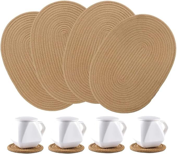 4 Pack Oval Jute Woven Placemats and Set of 4 Round Fabric Coasters, Cotton Braided Placemats Set... | Amazon (US)