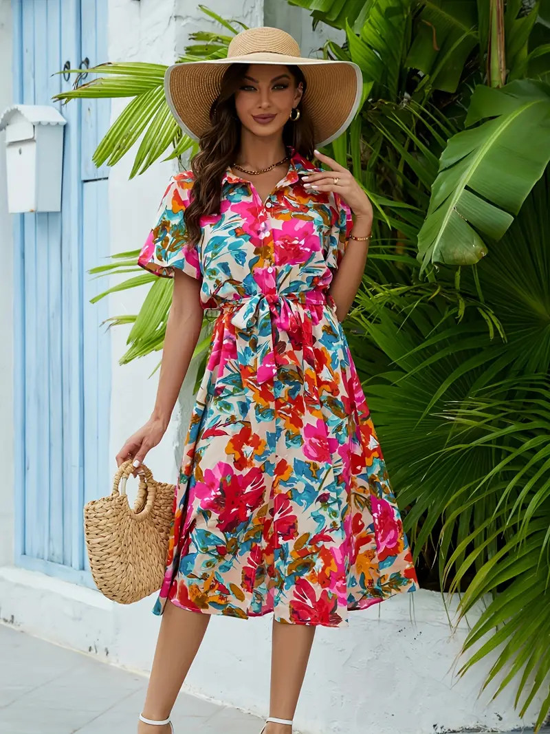 Floral Print Button Front Dress Vacation Short Sleeve Summer - Temu | Temu Affiliate Program