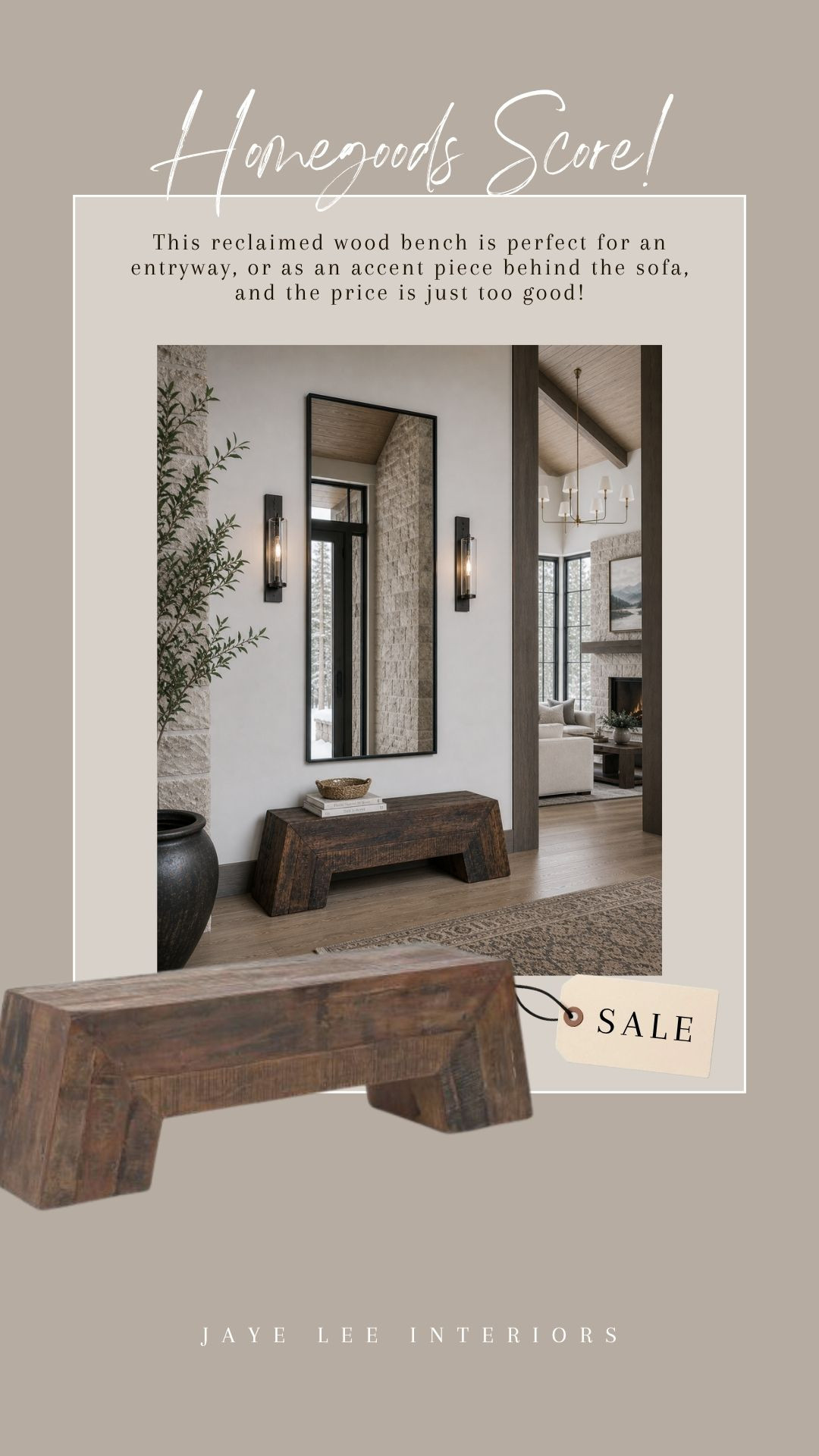 Loving this chunky, reclaimed wood bench to really anchor an entryway. Or, use it to accent the back of a sofa in a great room. At 60" wide, it is also a perfect size bench for the foot of the bed! 
accent furniture, bench, entry bench, foyer bench, rustic furniture, cabin design and decor, #jleeinteriors #Maxxinista #TJMaxx #HomegoodsFinds #Marshall's 

 #LTKHome #LTKSaleAlert