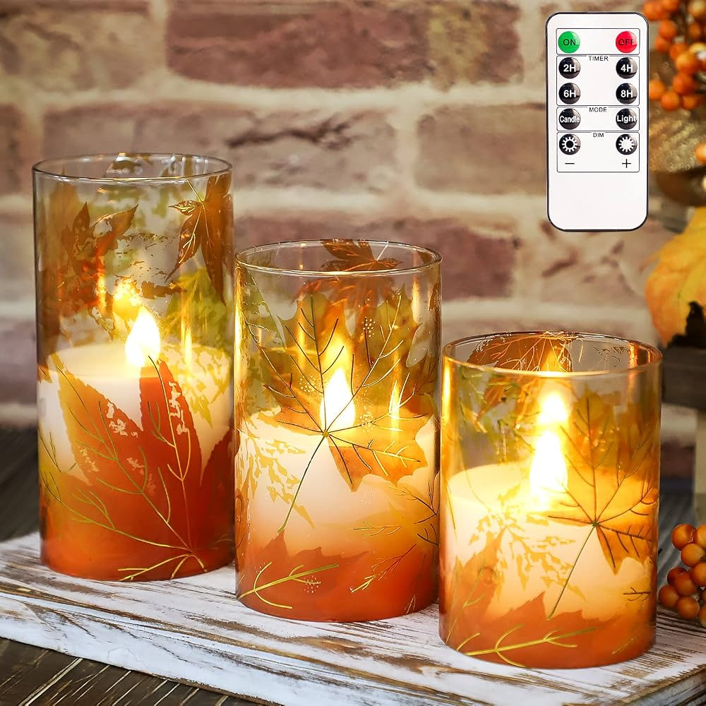 Fall Decor Flameless Candles, Battery Operated with Remote, Maple Leave Glass LED Flickering Cand... | Amazon (US)