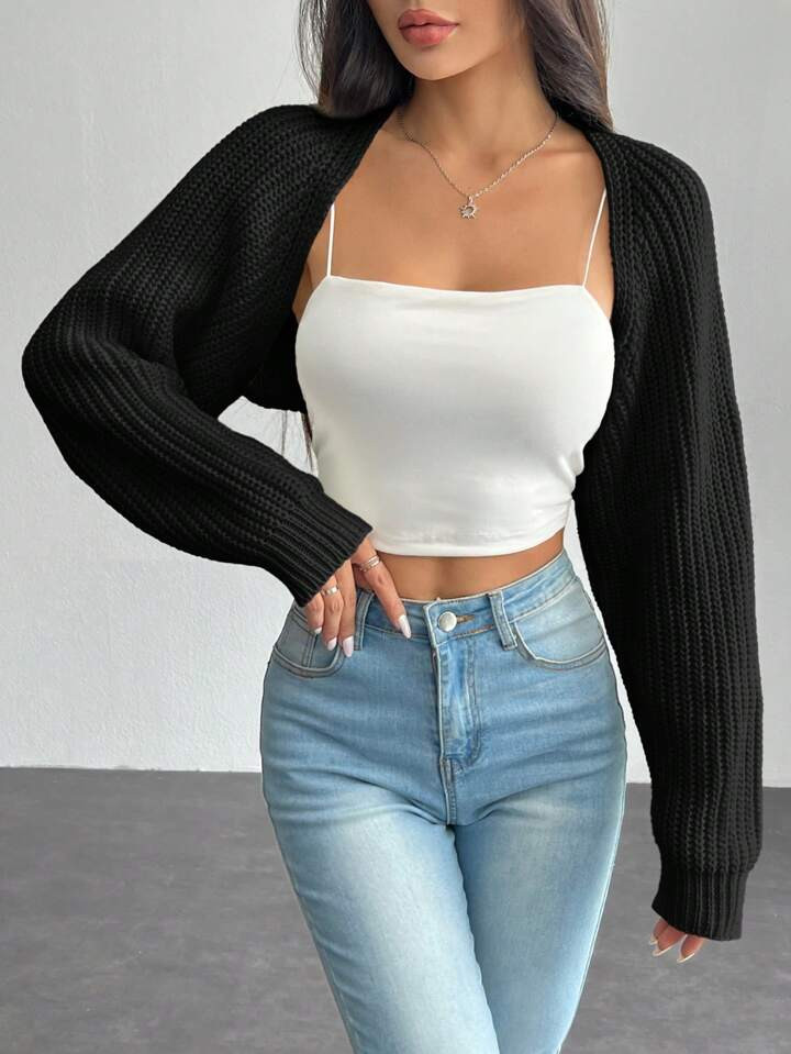SHEIN PETITE Balletcore Ribbed Knit Raglan Sleeve Shrug Crop Cardigan Without Cami Top | SHEIN