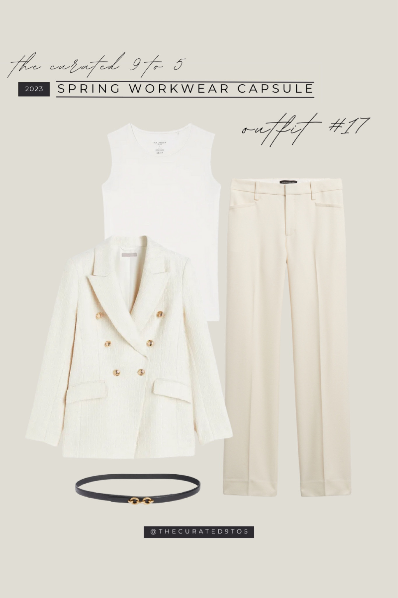 Spring Workwear Capsule - Outfit #17

Workwear, work style, office style, tweed blazer, wide leg pants, knit top, skinny black belt, all cream outfit

#LTKSeasonal #LTKstyletip #LTKworkwear
