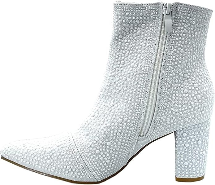 Women Rhinestone Block Chunky Heel Ankle Bootie | Amazon (US)
