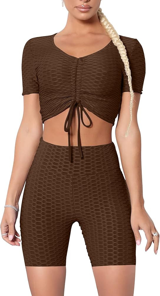 Women's 2 Piece Workout Outfits Tracksuit Ruched Tie Up Crop Top GYM Biker Shorts Set | Amazon (US)